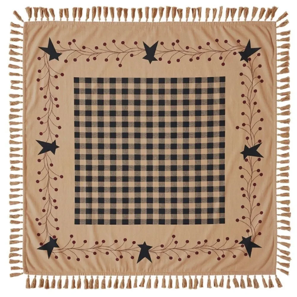Primitive Star and Pip Berry Table Topper with Plaid Center and Tassel Edge